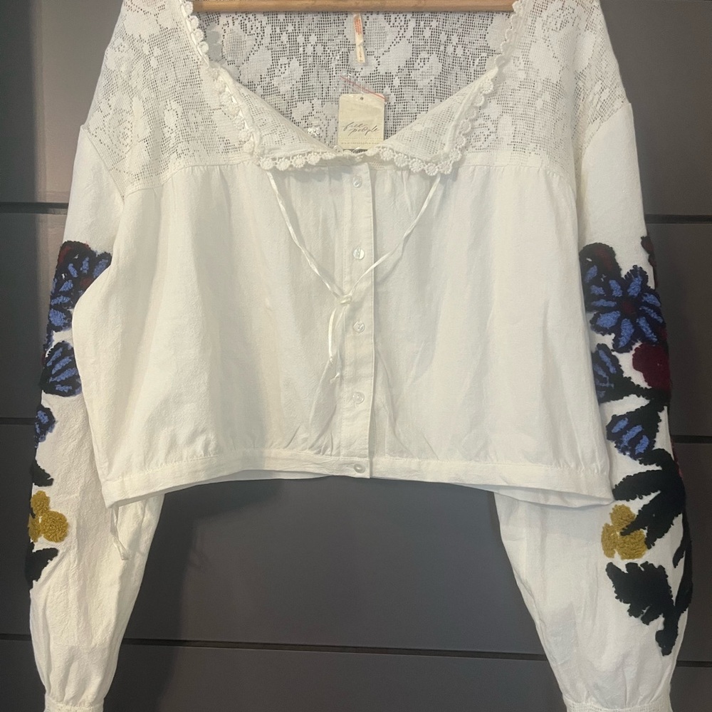 Free People White Blouse with Floral Embroidery